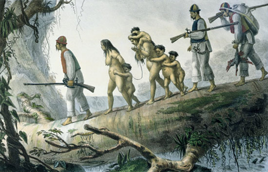 Guarani family captured by Indian slave hunters. A fragment from a historic painting by Jean Baptiste Debret