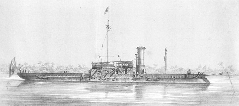 Historic image of a heavily damaged ironclad Brasil after the Battle of Curupaiti during the War of Triple Alliance, 1866.